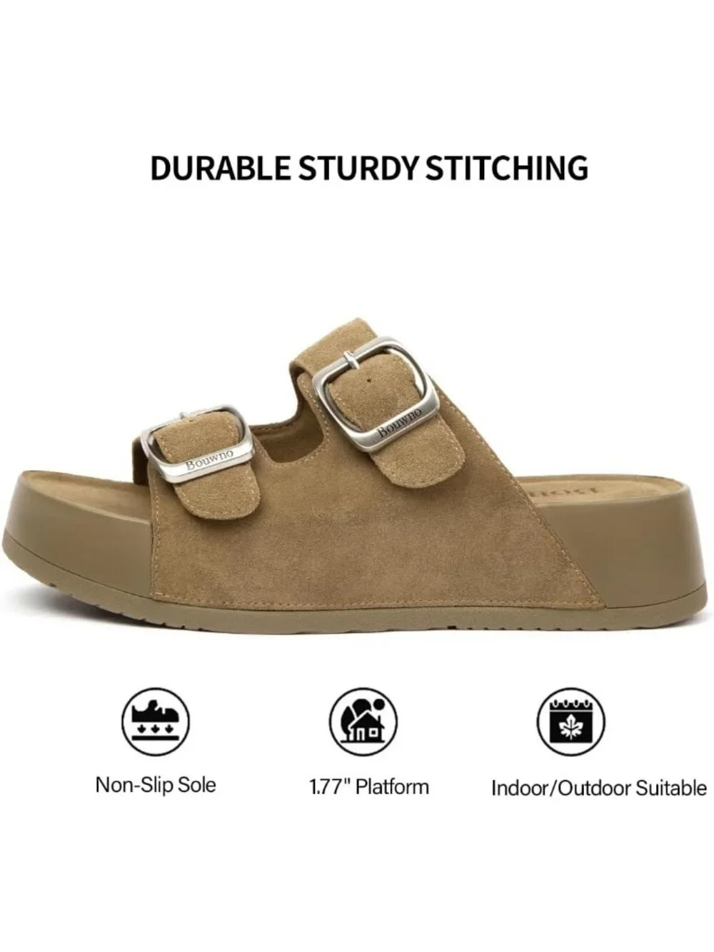 Women's Khaki Slide Buckle Genuine Leather Slip on Beach Platform Sandal Shoes